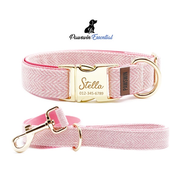 Pink Herringbone Dog Essential Bundle - Custom Dog Collar and Leash - Personalized Engraved Collar - Adjustable Size - Metal Buckle