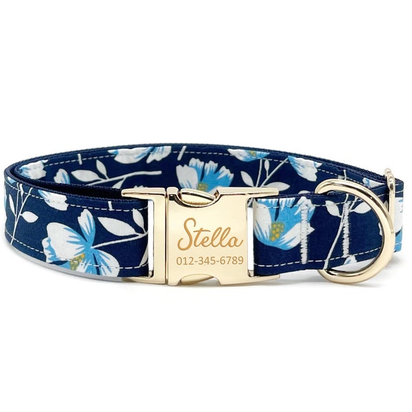 Personalized Floral Dog Collar: Custom Engraved Name, Metal Buckle
