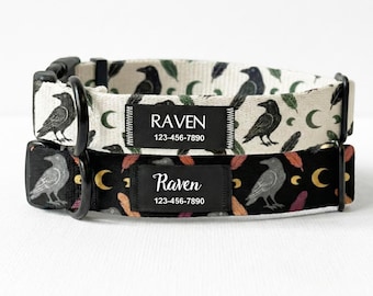 Personalized Raven Print Nylon Dog Collar: Custom Name Patch, Silent ID, Crow Moon