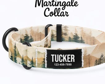 Personalized Martingale Dog Collar: Forest Print, No-Slip Training Collar with Custom Name Patch