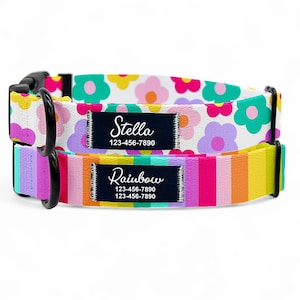 May include: Two dog collars with colourful patterns. The top collar has a white background with pink, yellow and blue flowers. The bottom collar has a rainbow stripe pattern. Both collars have black name tags with white text. The top tag says "Stella 123-456-7890". The bottom tag says "Rainbow 123-456-7890 123-456-7890".