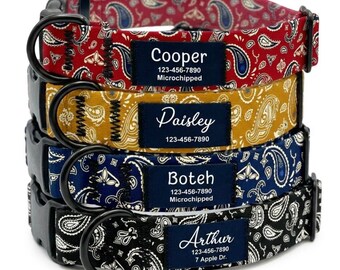 Personalized Paisley Print Dog Collar, Custom Vintage Pattern, Silent Sewn ID Name Patch