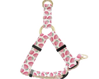 May include: A white and pink dog harness with a strawberry pattern. The harness has gold-colored metal hardware and a black adjustable strap.