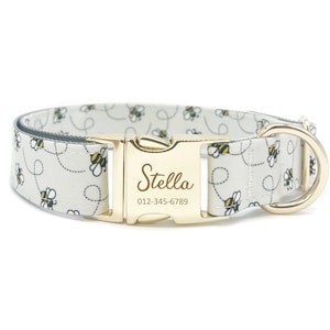 Personalized Dog Collar - Custom Name, Metal Hardware, Handmade, Collar for Small to Large Dogs, Gift for Dogs - Bees