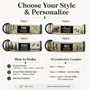 May include: Four pet collars with black hardware, each featuring a unique nature-themed print and a black rectangular patch with customizable text. The image includes instructions for ordering and personalization examples with various font styles.