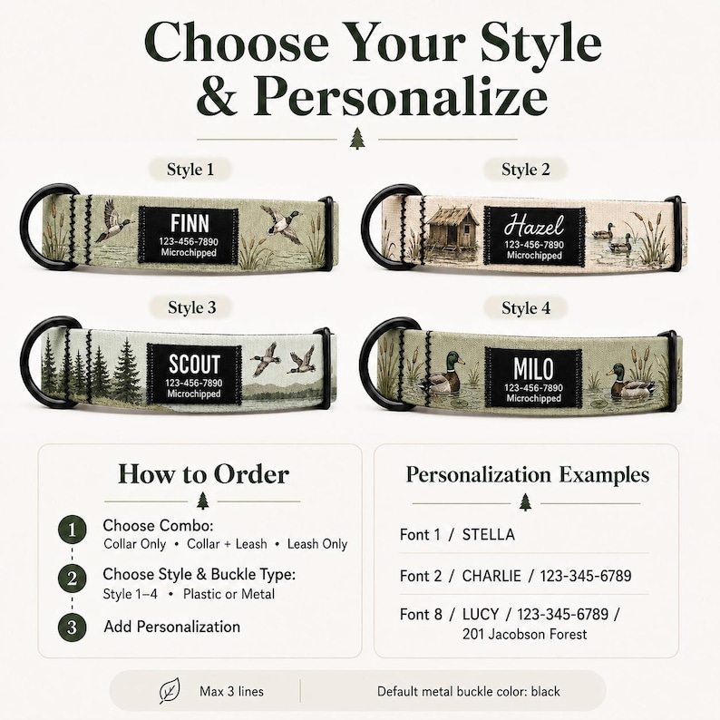 May include: Four pet collars with black hardware, each featuring a unique nature-themed print and a black rectangular patch with customizable text. The image includes instructions for ordering and personalization examples with various font styles.
