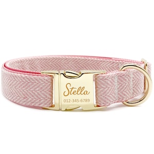 Collar de perro personalizado: hecho a mano con diseño de espiga rosa y hebilla grabada personalizada.