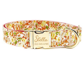 Personalized Floral Dog Collar: Custom Engraved Name, Metal Buckle