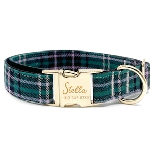 Personalized Plaid Dog Collar: Custom Engraved Name, Metal Buckle