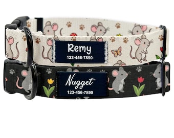 Personalized Mouse Dog Collar, Meadow Mice Pattern, Silent Sewn ID Name Patch