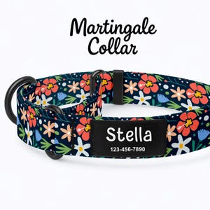 May include: A navy blue floral martingale collar with red, white, and blue flowers. The collar has a black name tag with the name "Stella" and a phone number. The text "Martingale Collar" is at the top.