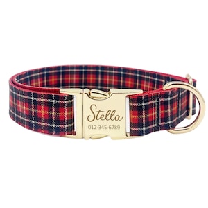 Personalized Dog Collar: Red Plaid, Custom Name, Metal Hardware