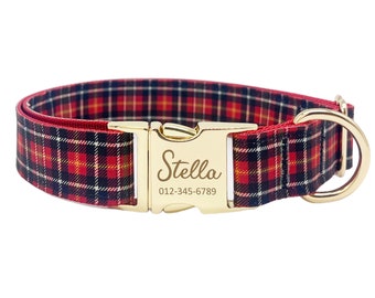 Collier pour chien personnalisé : plaid rouge, nom personnalisé, accessoires en métal
