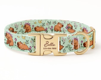 Personalized Capybara Dog Collar, Laser Engraved Gold Buckle, Cartoon Animal Pattern, Exotic Pet Gift