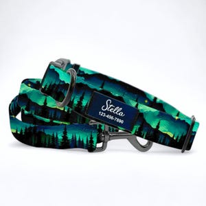 May include: A black and green dog collar featuring a mountain and aurora borealis design. The collar has a black metal buckle and a silver name tag that reads "Stella 123-456-7890".