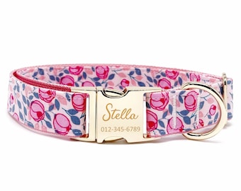 Personalized Floral Dog Collar: Custom Engraved Name, Handmade