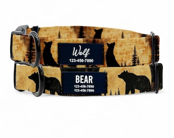 Personalized Outdoor Nylon Dog Collar: Custom Name Patch, Handmade, Woof and bear print