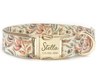 Personalized Floral Dog Collar: Custom Engraved Metal Buckle, Handmade