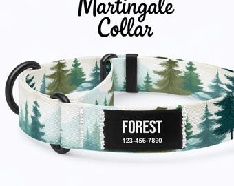 Personalized Forest Martingale Nylon Dog Collar: No-Slip Training Collar with Custom Name Patch