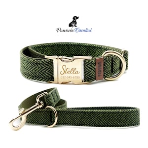 Paquete esencial para perros con diseño de chevrón verde: collar y correa personalizados, collar grabado personalizado, tamaño ajustable, hebilla metálica resistente.