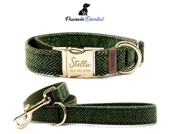 Green Chevron Dog Essential Bundle - Custom Dog Collar and Leash - Personalized Engraved Collar - Adjustable Size - Sturdy Metal Buckle