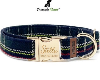 Personalisiertes Hundehalsband kariert: Individuell eingravierter Name, Metallschnalle