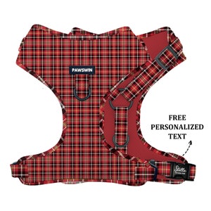 Personalized Dog Harness: Handmade Red Plaid, Adjustable, Metal Ring, Custom Engraved Metal Buckle