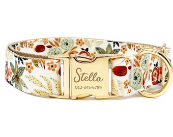 Personalized Dog Collar: Autumn Floral, Custom Engraved Metal Buckle