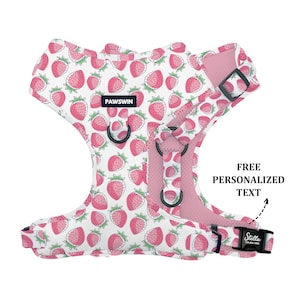Personalized Dog Harness: Handmade Adjustable Strawberry Print, Custom Engraved Metal Buckle
