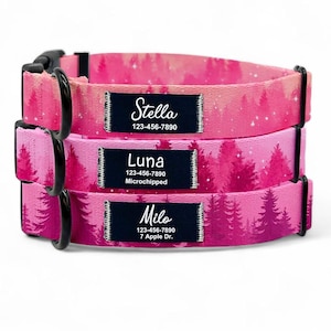 Personalized Nylon Dog Collar - Custom Fabric Patch, Pink Santa Collar, Handmade Collar for Dogs - Pink Forest Print