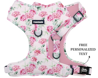 Handmade Pink Rose Dog Harness: Adjustable, Metal Ring, Secure, Custom Engraved Name