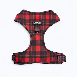 Personalized Red Grid Dog Harness: Metal Buckle Engraved, Handmade, Adjustable