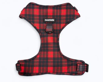 Personalized Red Grid Dog Harness: Metal Buckle Engraved, Handmade, Adjustable