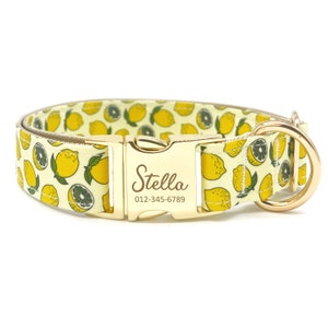 Collar de perro personalizado: estampado de limón, nombre grabado a medida, hecho a mano