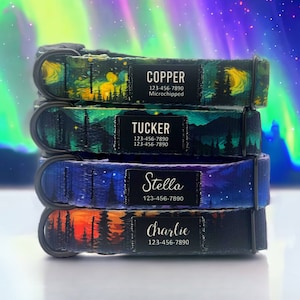 Personalized Nylon Dog Collar: Aurora Forest, Custom Fabric Name Patch