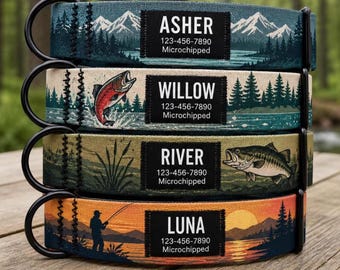 Personalized Fishing Dog Collar, Wild River Lodge Custom Name Patch Collar