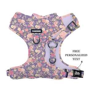 Personalized Dog Harness: Handmade Purple Floral, Adjustable, Metal Ring, Custom Engraved Name