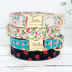 Personalisiertes Hundehalsband mit Blumen: Individuell eingravierte Name, Metallschnalle, Handgemacht