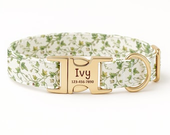 Personalized Ivy Leaf Collar, Engraved Gold Buckle, Green Botanical Pattern, Nature Pet Gift