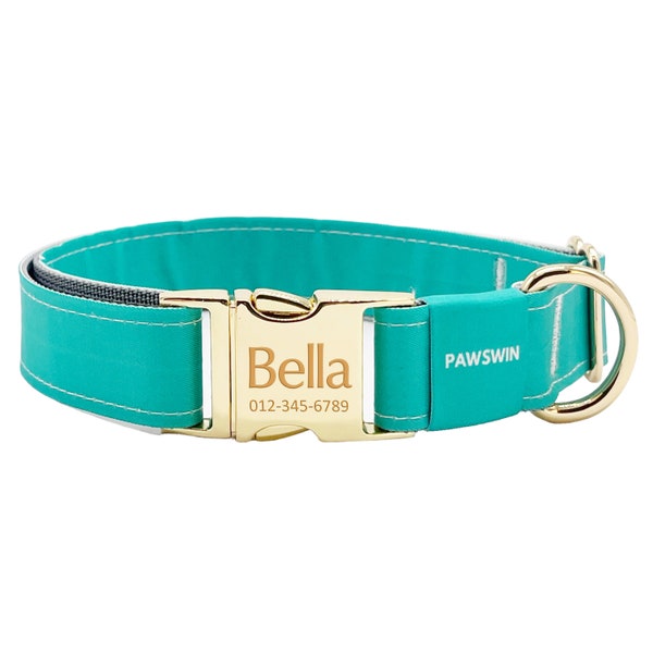 Personalized Plain Color Dog Collar - Custom Name, Metal Hardware, Handmade, Collar for Small to Large Dogs, Gift for Dogs - Turquoise