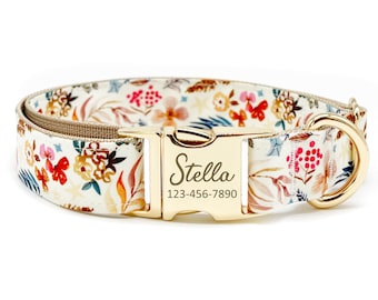 Personalized Floral Dog Collar: Custom Engraved Metal Buckle, Handmade