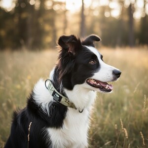 May include: A black and white dog wearing a light green patterned collar with a black rectangular tag. The tag features the name FINN printed in white capital letters, along with smaller text below the name, and a metal D-ring attachment.