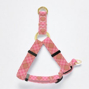 Pink Grid Custom Dog Harness, Adjustable Neck Harness for Small, Medium, Large Dogs, Metal Buckle, Personalized Engraved Dog Harness