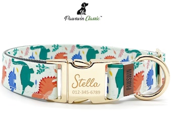 Personalized Dog Collar - Custom Name, Metal Hardware, Handmade, Collar for Small to Large Dogs, Gift for Dogs - Dino Parade