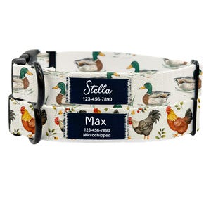 May include: Two dog collars with a white background and a pattern of ducks and chickens. The top collar has a blue tag with the name "Stella" and phone number "123-456-7890". The bottom collar has a blue tag with the name "Max", phone number "123-456-7890", and the word "Microchipped".
