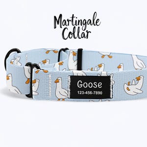 Può includere: Un collare per cani blu chiaro con un motivo di oca bianca e accessori neri. Il collare ha un'etichetta nera che dice "Goose" e un numero di telefono. Il collare è di tipo martingala.