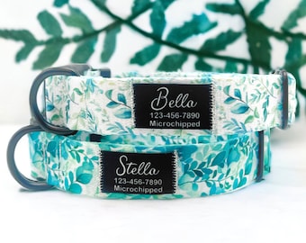 Personalisiertes Nylon Hundehalsband - Benutzerdefinierte Stoff Name Patch, Halsband für kleine bis große Hunde, Geschenk für Hunde - Teal Blätter Halsband