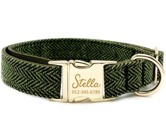 Personalisiertes grünes Herringbone Tweed Hundehalsband - Woll Fischgrätenstoff, lasergravierte Metallschnalle, verstellbares Stoff Halsband