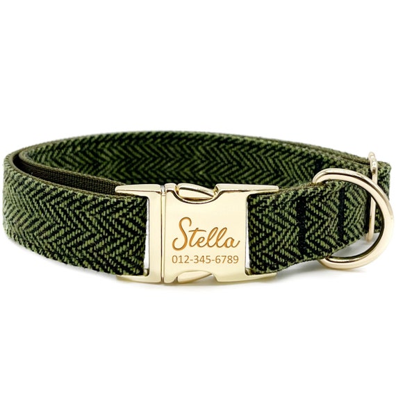 Personalized Green Herringbone Tweed Dog Collar: Laser-Engraved Buckle