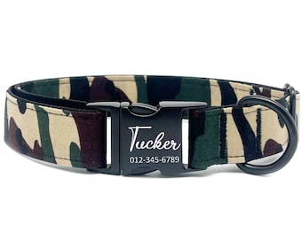 Personalized Camouflage Dog Collar: Custom Engraved Name, Metal Buckle